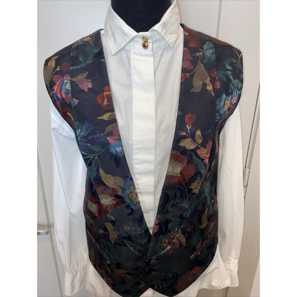 Vtg Brandon Michael Antique Victorian Floral 3 button vest pin stripes back Lg - Picture 3 of 13